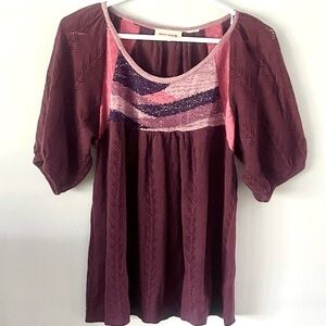 DKNY Women’s Vintage Brown Puffed Sleeve Knit Glitter Sweater Blouse Size S EUC